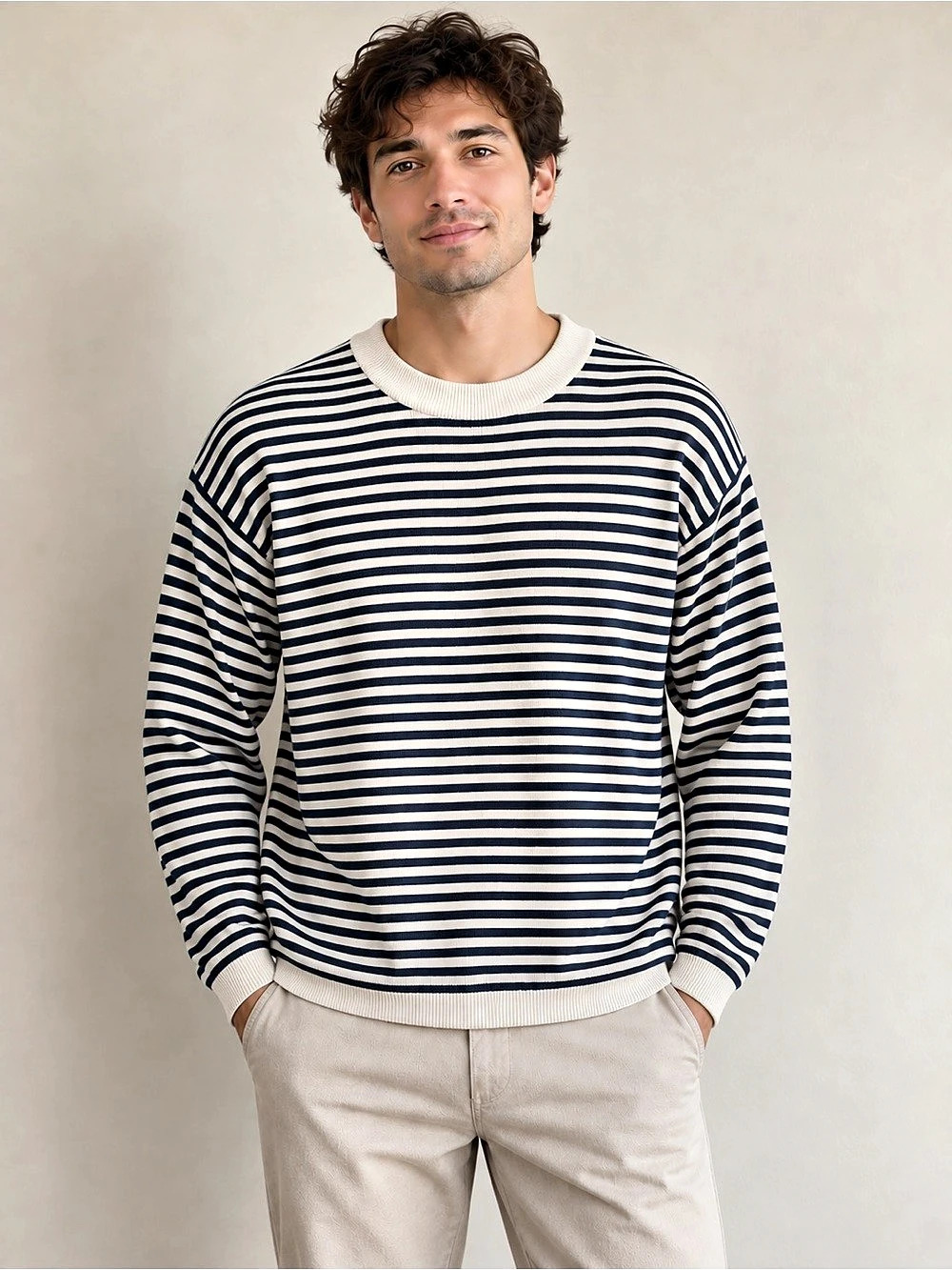 ADPT 100% Cotton Navy Cream Stripe Crewneck Sweater L Fisherman Nautical Minimal